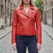 Women's Red Asymmetric Zip Leather Biker Jacket — Mortimer