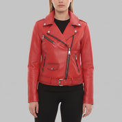 Women's Red Pebbled Leather Biker Jacket — Ashford