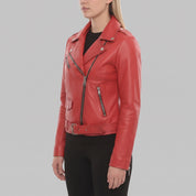 Women's Red Pebbled Leather Biker Jacket — Ashford