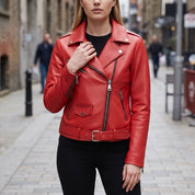 Women's Red Pebbled Leather Biker Jacket — Ashford