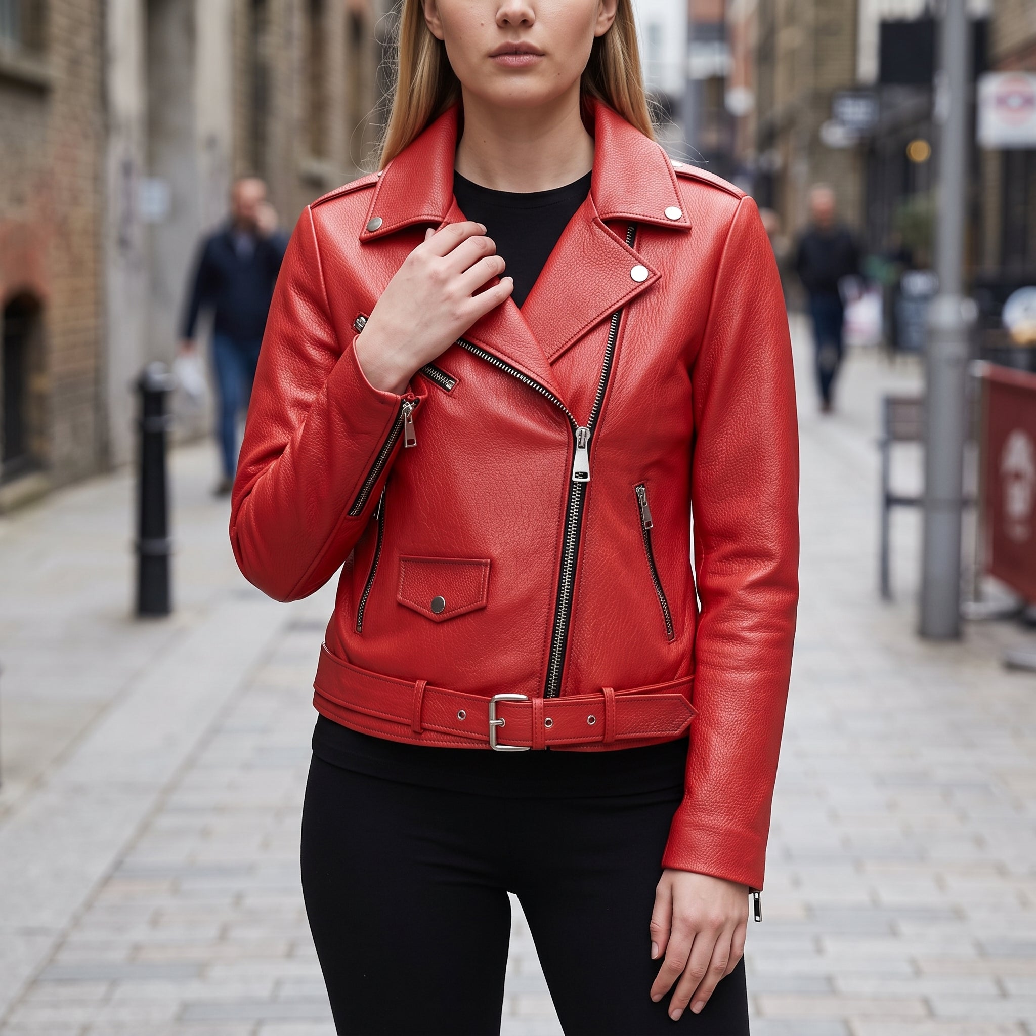 Women's Red Pebbled Leather Biker Jacket — Ashford