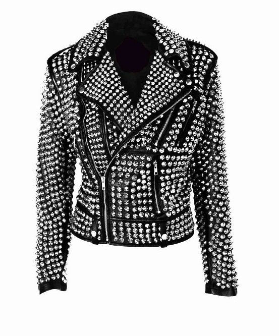 Womens Rock star All over Silver Studded Cowhide Leather Moto Jacket