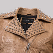 Women's Tan Alligator-Embossed Leather Studded Biker Jacket — Dunstall