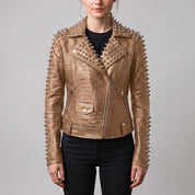 Women's Tan Alligator-Embossed Leather Studded Biker Jacket — Dunstall
