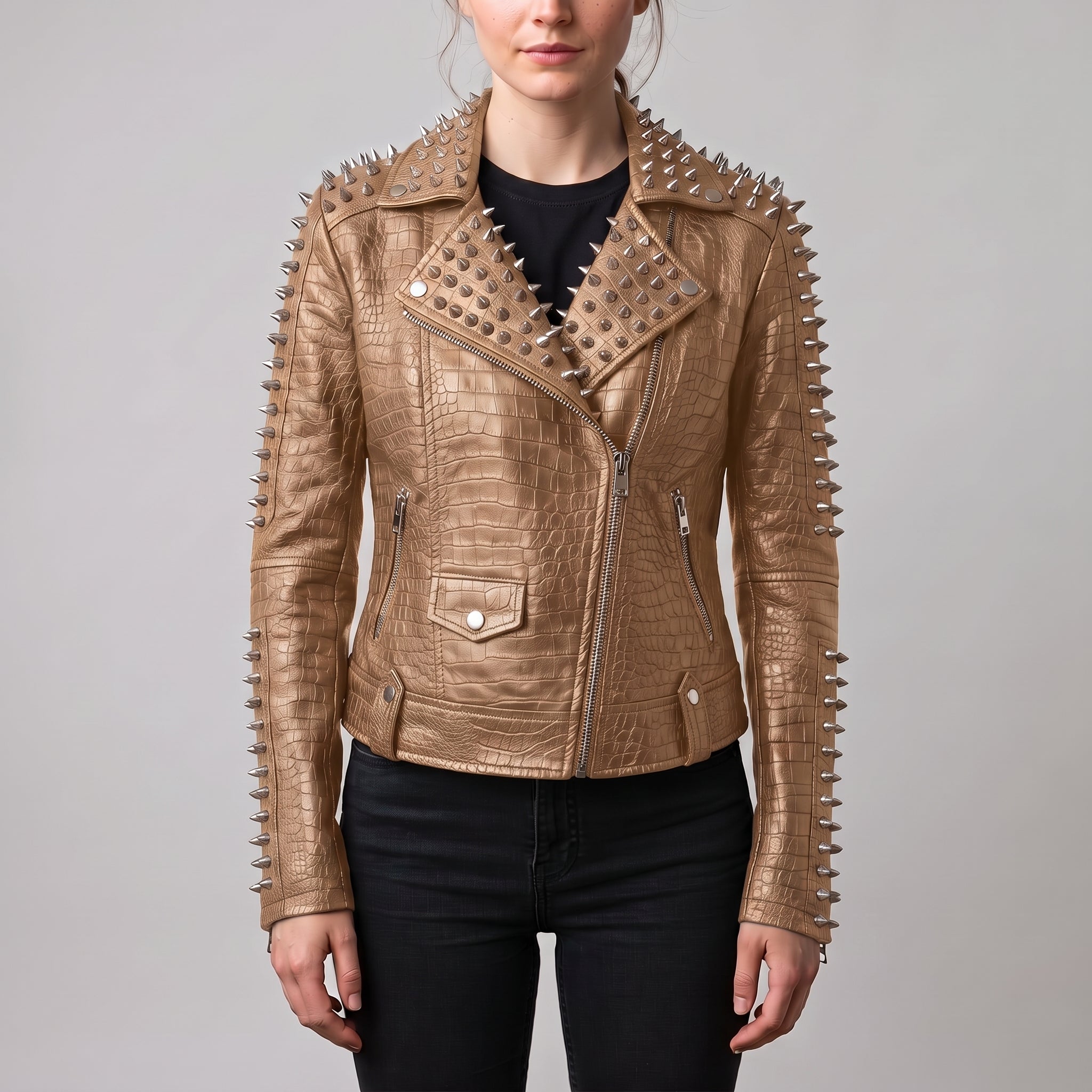 Women's Tan Alligator-Embossed Leather Studded Biker Jacket — Dunstall
