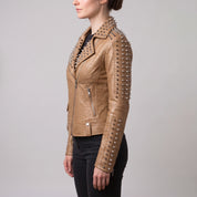 Women's Tan Alligator-Embossed Leather Studded Biker Jacket — Dunstall