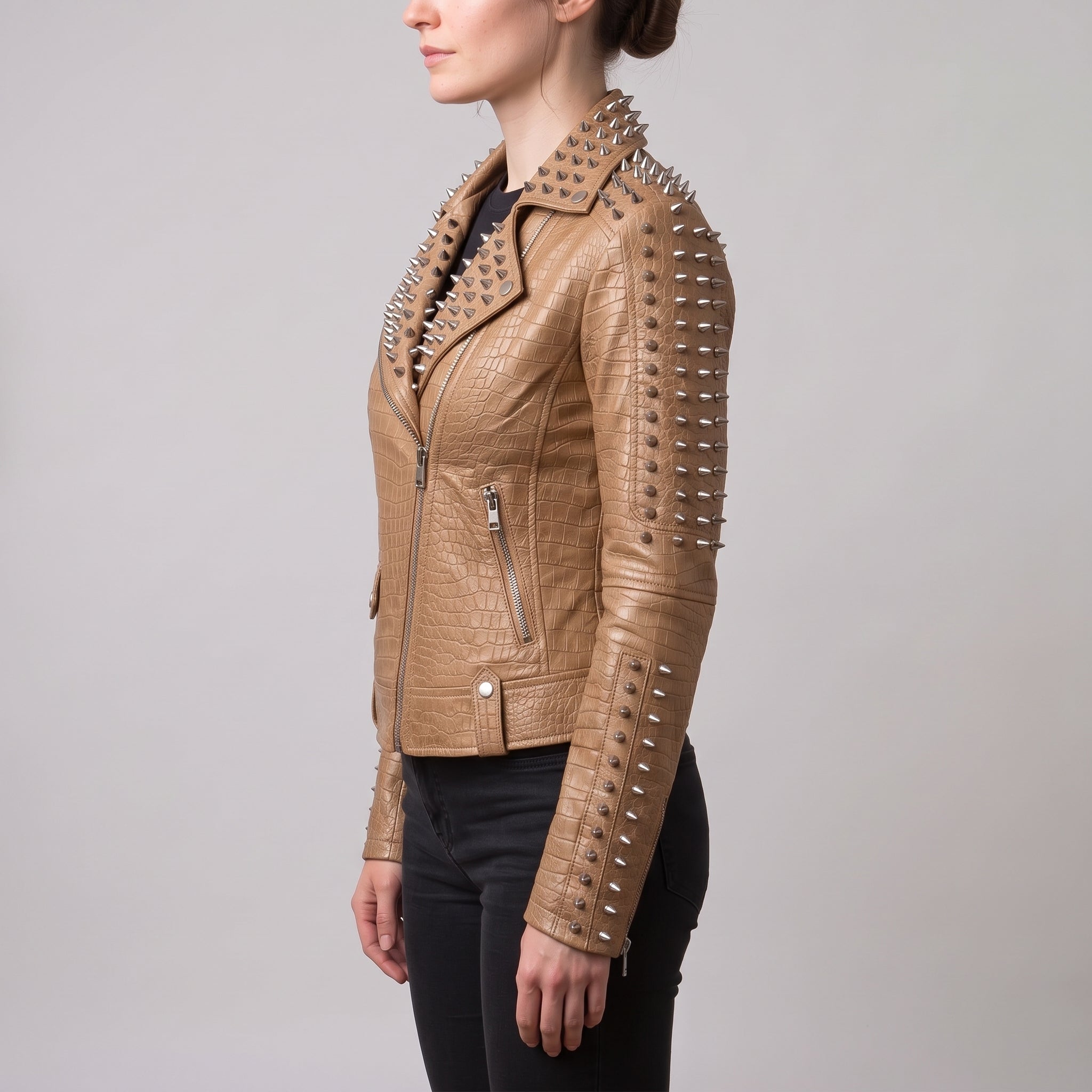 Women's Tan Alligator-Embossed Leather Studded Biker Jacket — Dunstall