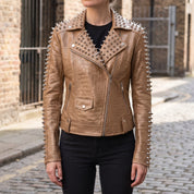 Women's Tan Alligator-Embossed Leather Studded Biker Jacket — Dunstall