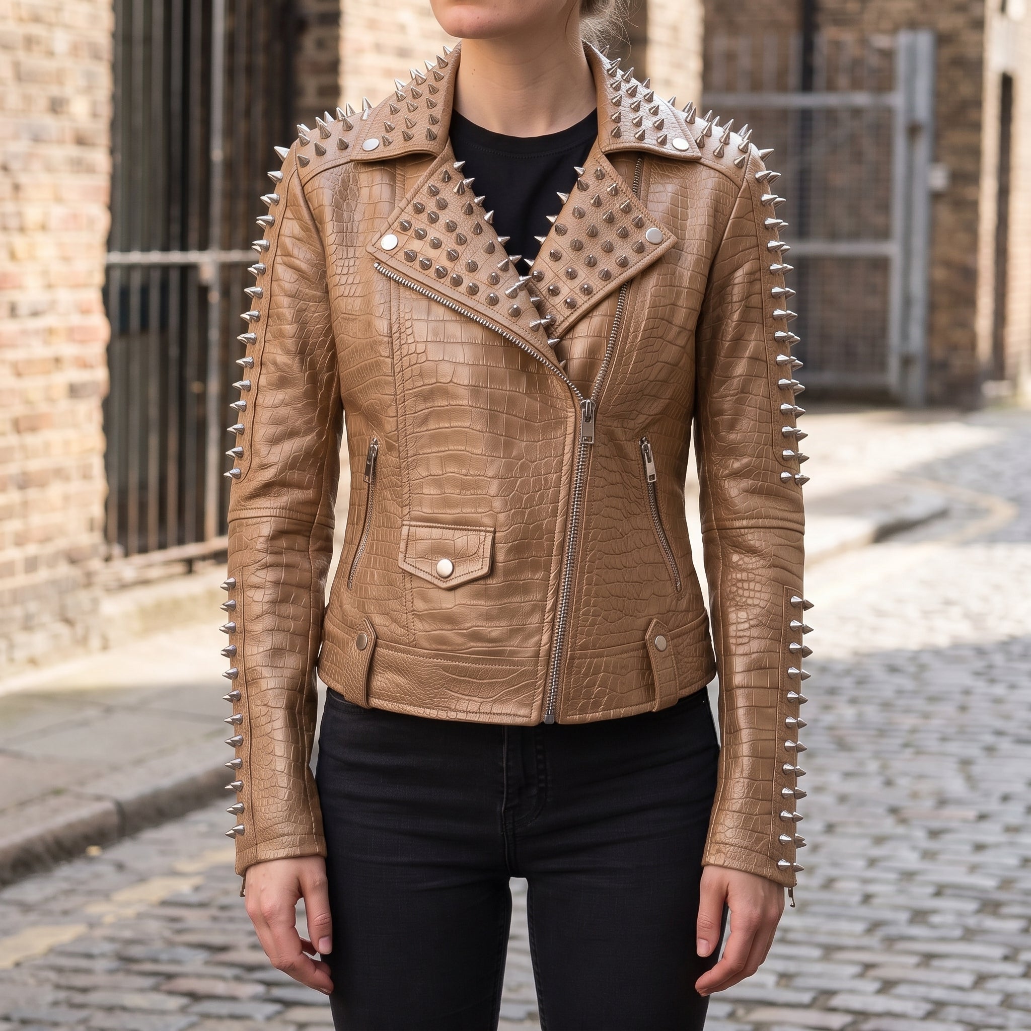 Women's Tan Alligator-Embossed Leather Studded Biker Jacket — Dunstall
