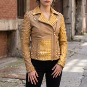 Women's Tan and Gold Studded Leather Biker Jacket — Farington