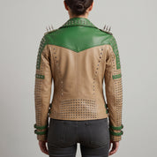 Women's Tan and Green Studded Leather Biker Jacket — Burnett