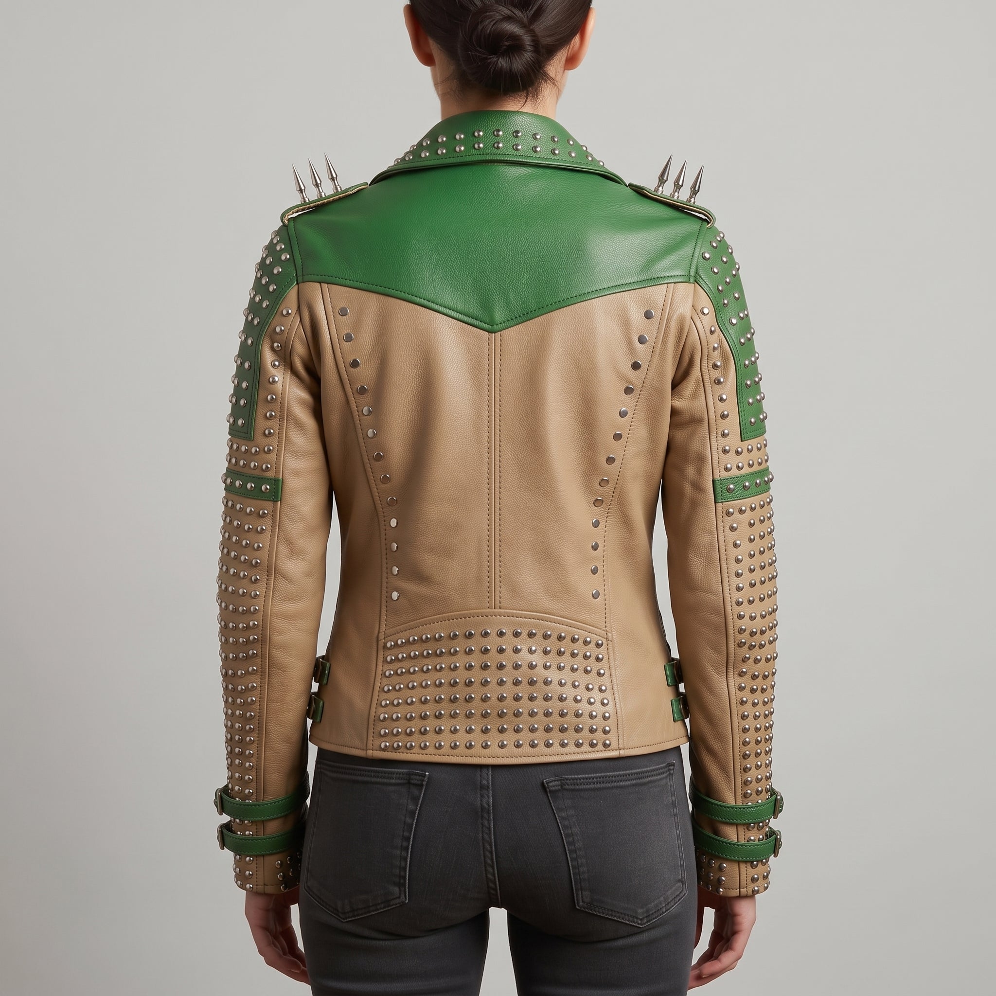 Women's Tan and Green Studded Leather Biker Jacket — Burnett