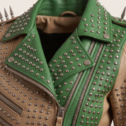 Women's Tan and Green Studded Leather Biker Jacket — Burnett