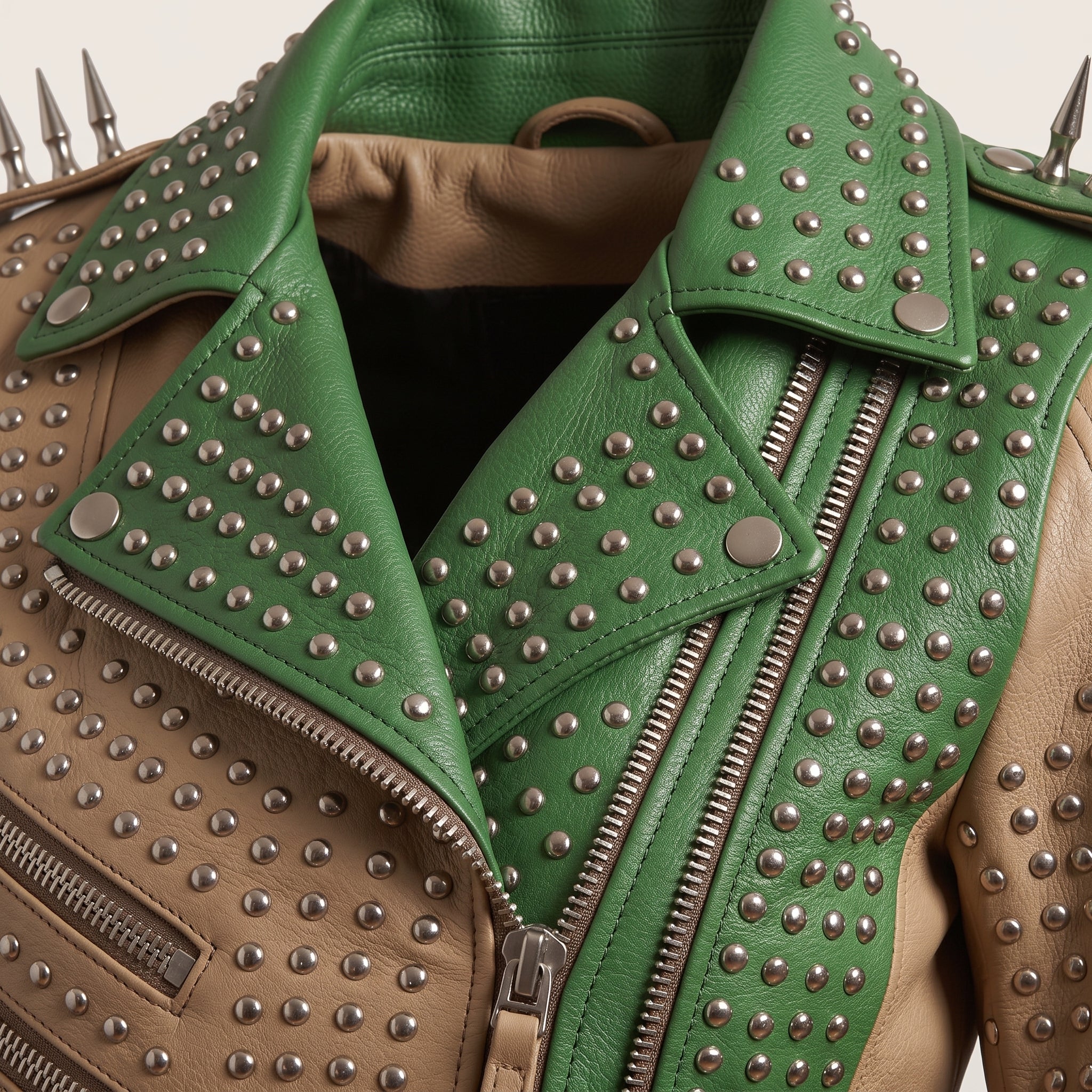 Women's Tan and Green Studded Leather Biker Jacket — Burnett