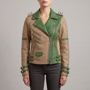 Women's Tan and Green Studded Leather Biker Jacket — Burnett