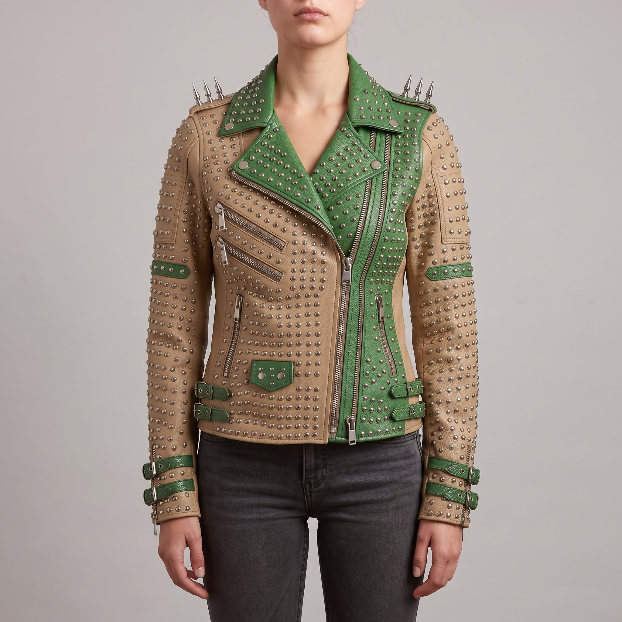 Women's Tan and Green Studded Leather Biker Jacket — Burnett