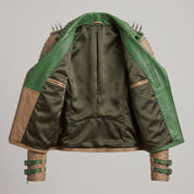 Women's Tan and Green Studded Leather Biker Jacket — Burnett