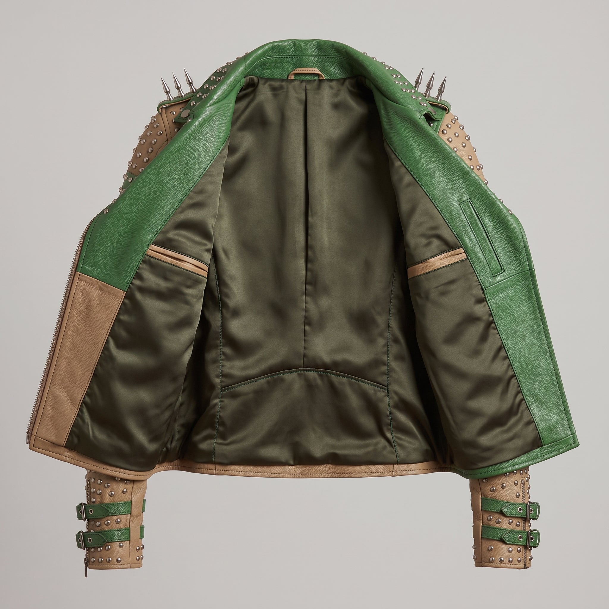 Women's Tan and Green Studded Leather Biker Jacket — Burnett