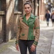 Women's Tan and Green Studded Leather Biker Jacket — Burnett