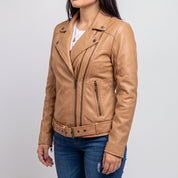 Women's Tan Asymmetric Zip Leather Biker Jacket — Braidwood