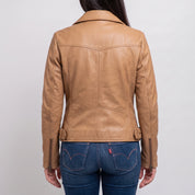 Women's Tan Asymmetric Zip Leather Biker Jacket — Braidwood