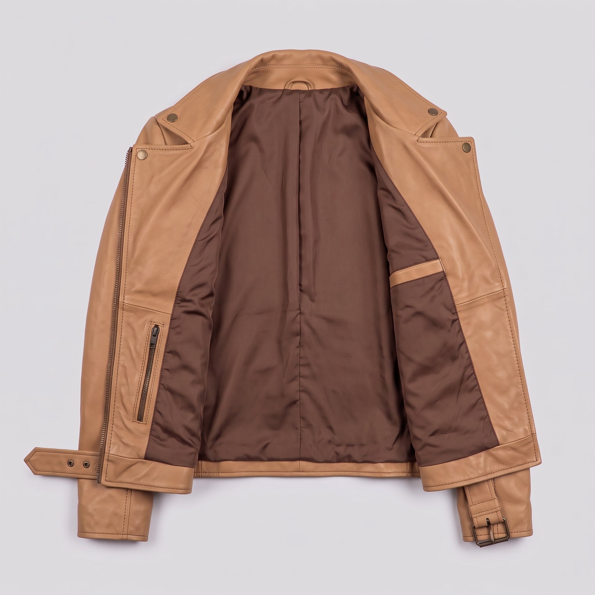 Women's Tan Asymmetric Zip Leather Biker Jacket — Braidwood
