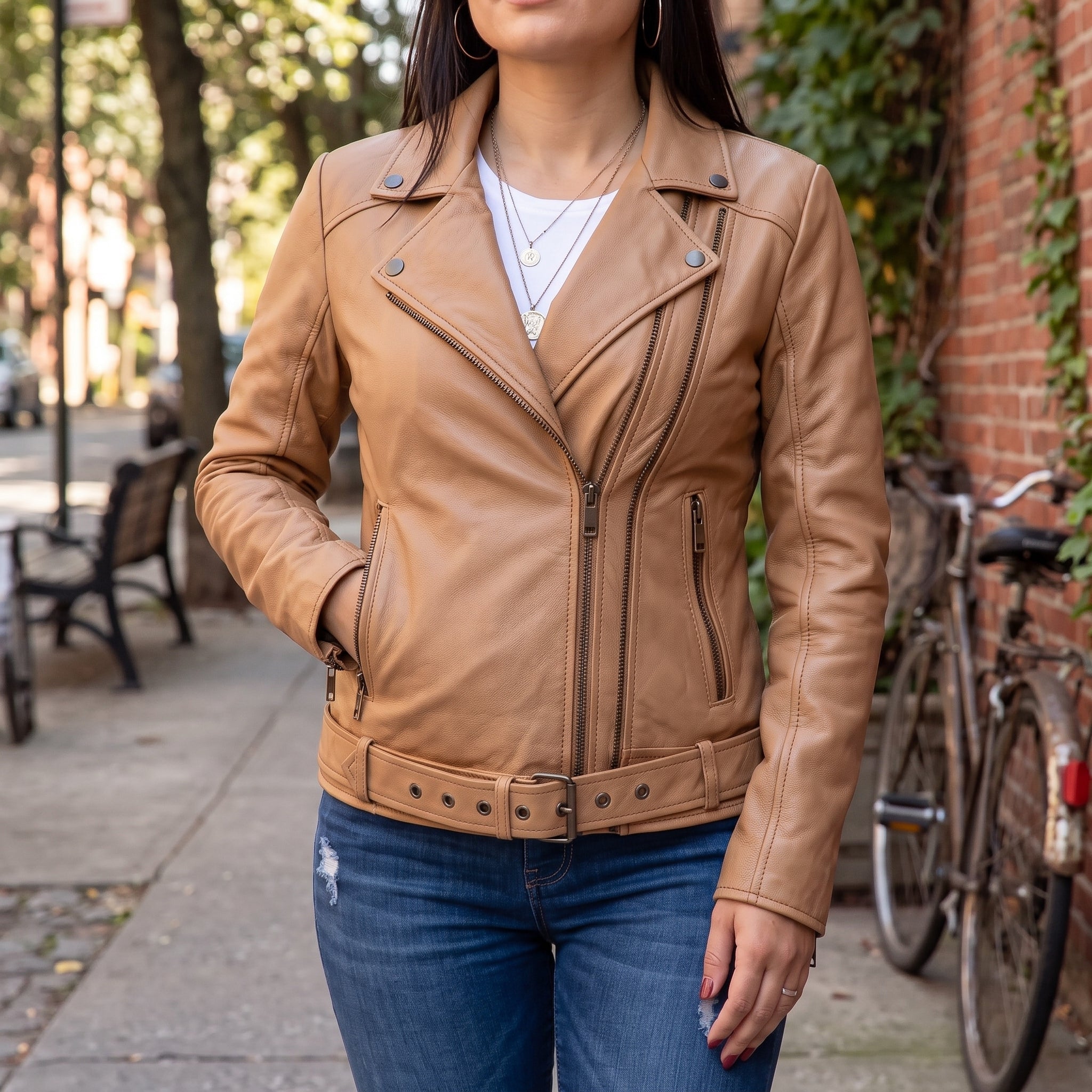 Women's Tan Asymmetric Zip Leather Biker Jacket — Braidwood
