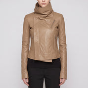 Women's Tan Asymmetric Zip Leather Biker Jacket — Harrogate
