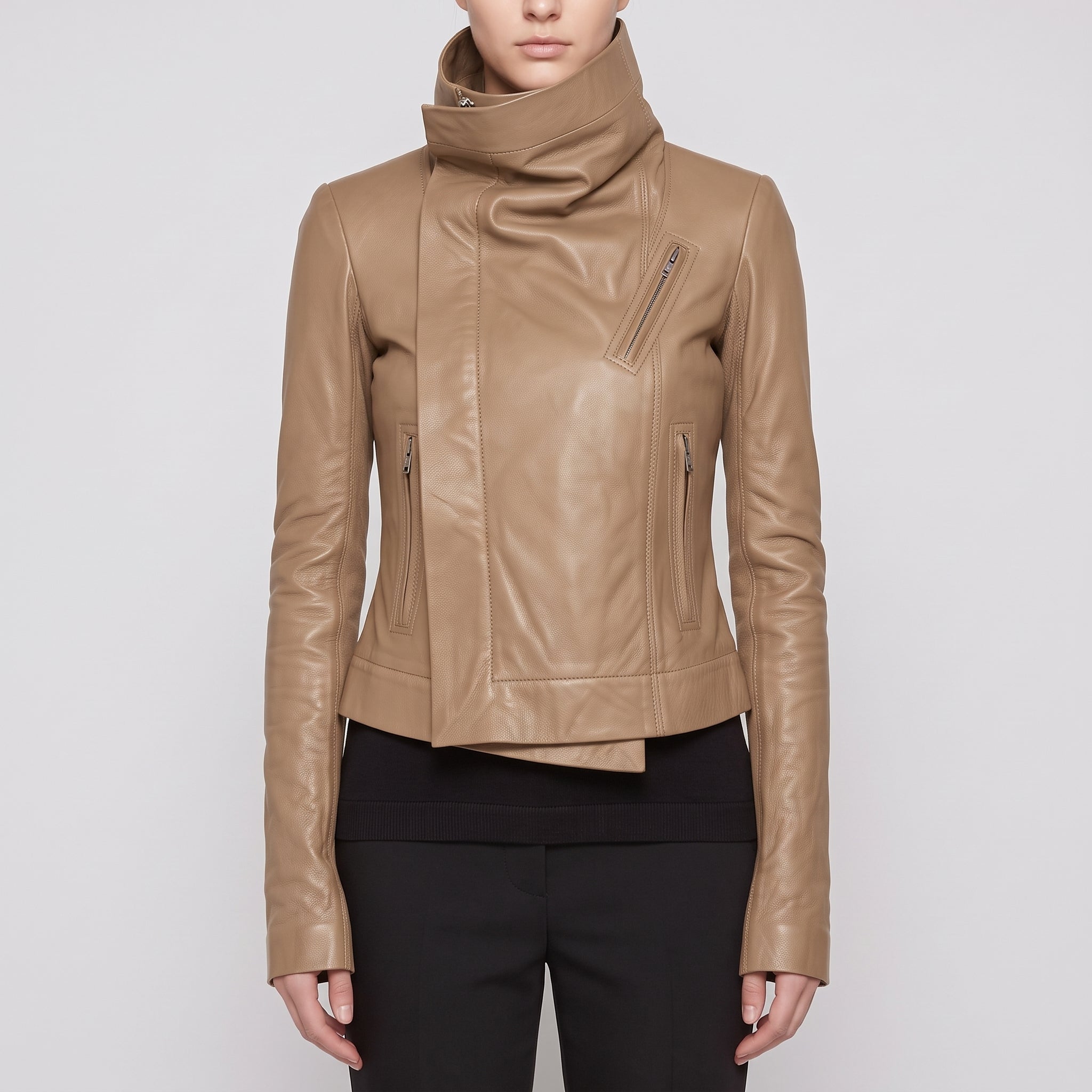 Women's Tan Asymmetric Zip Leather Biker Jacket — Harrogate