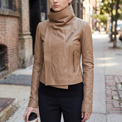 Women's Tan Asymmetric Zip Leather Biker Jacket — Harrogate