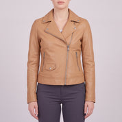 Women's Tan Asymmetric Zip Leather Biker Jacket — Mortimer