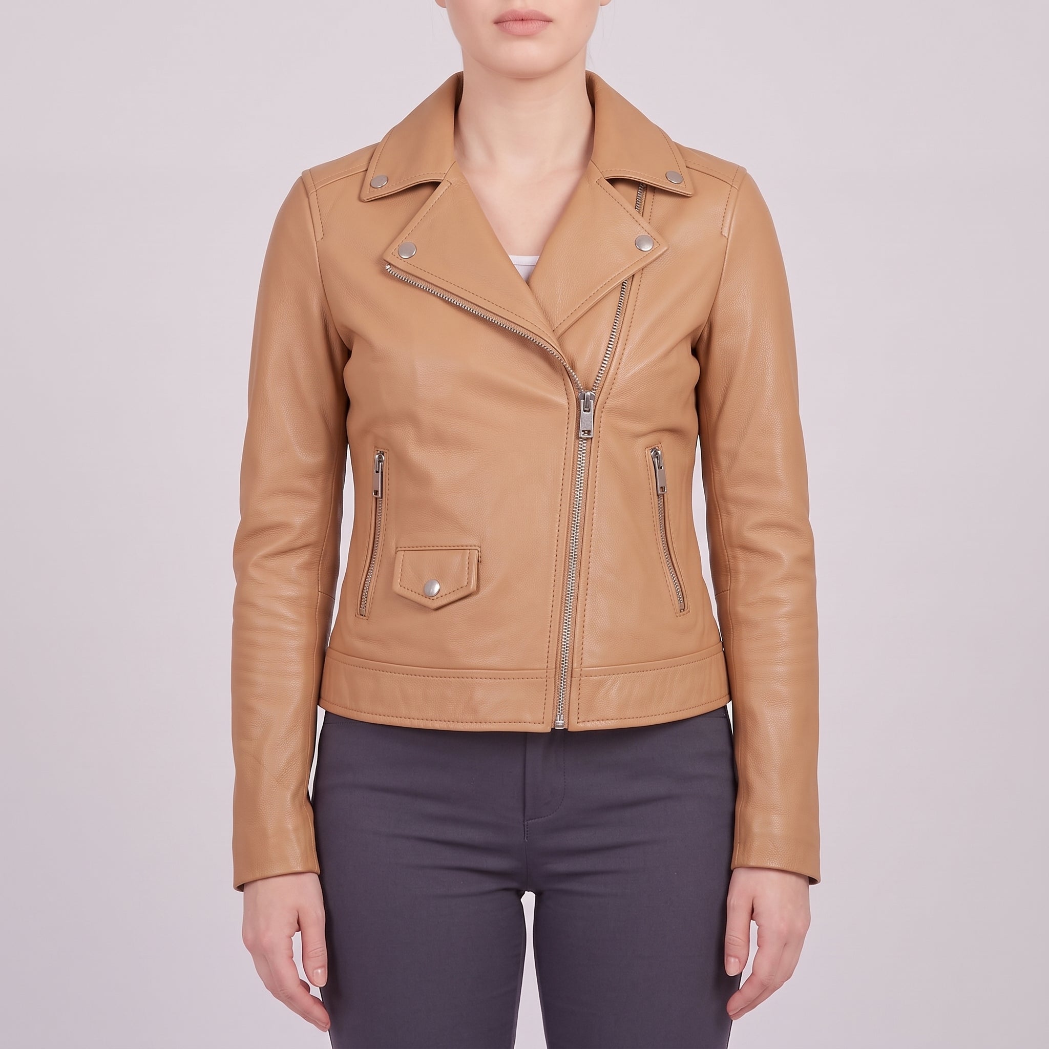 Women's Tan Asymmetric Zip Leather Biker Jacket — Mortimer