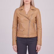 Women's Tan Asymmetric Zip Leather Biker Jacket — Mortimer