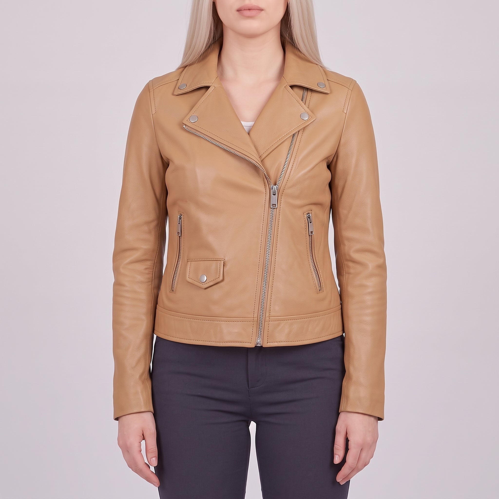 Women's Tan Asymmetric Zip Leather Biker Jacket — Mortimer