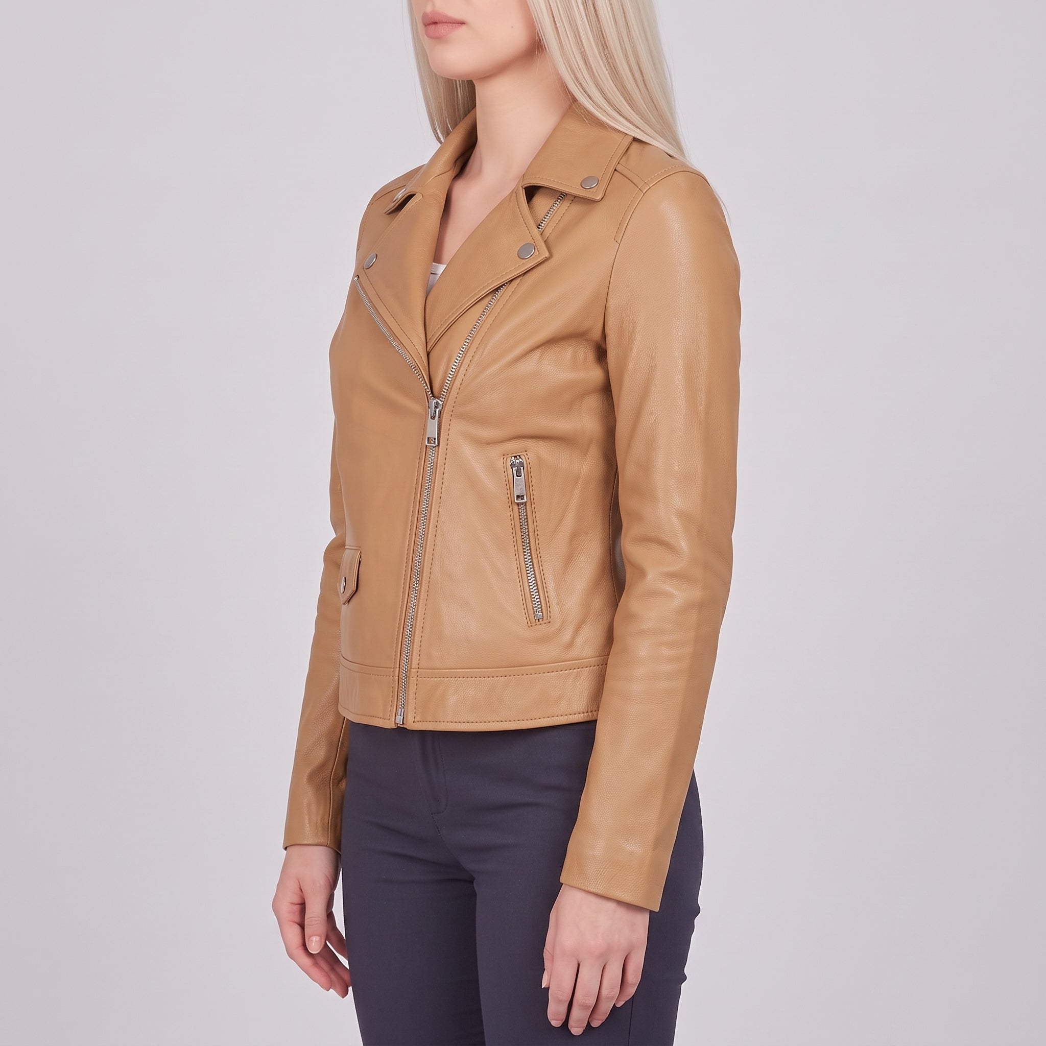 Women's Tan Asymmetric Zip Leather Biker Jacket — Mortimer
