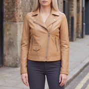Women's Tan Asymmetric Zip Leather Biker Jacket — Mortimer