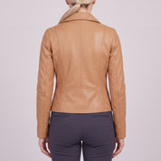 Women's Tan Asymmetric Zip Leather Biker Jacket — Mortimer