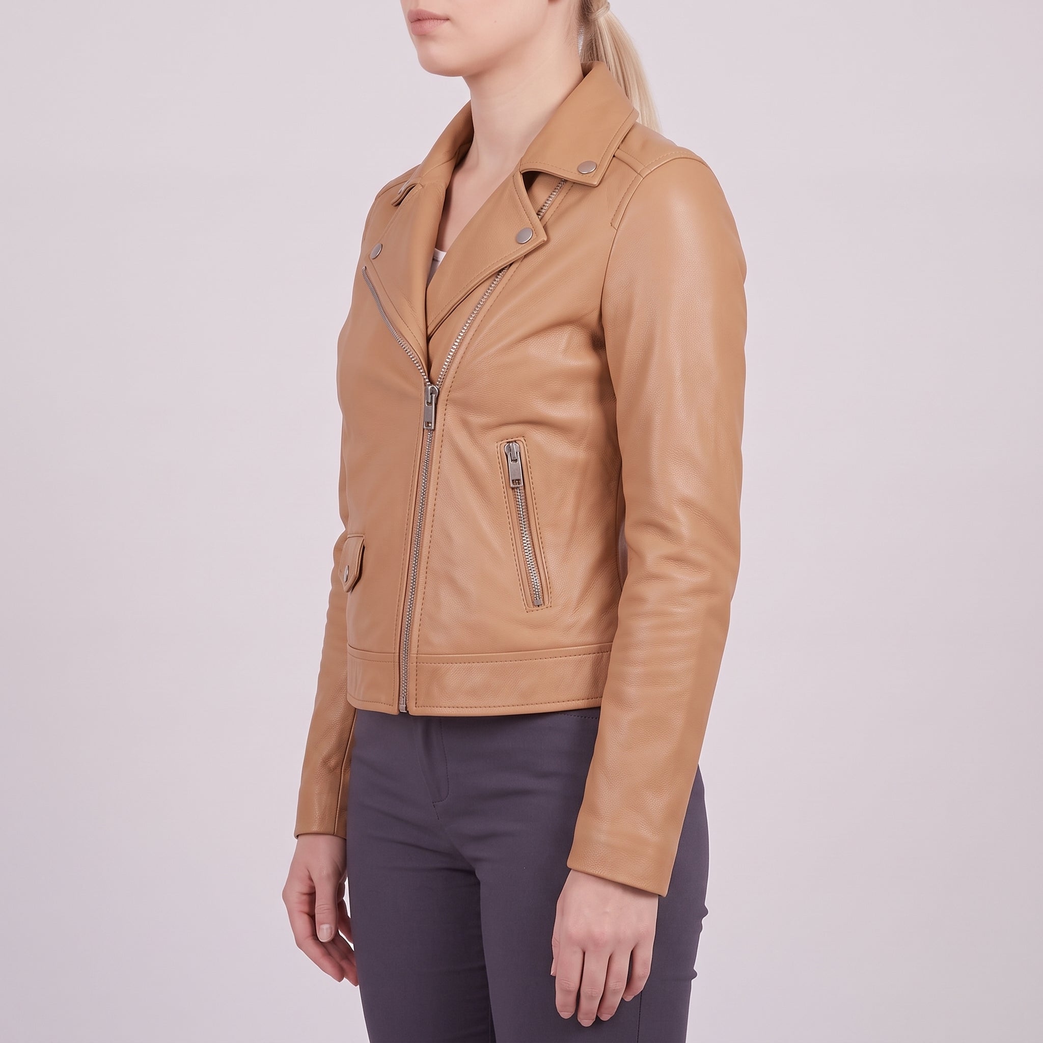 Women's Tan Asymmetric Zip Leather Biker Jacket — Mortimer
