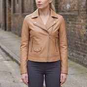Women's Tan Asymmetric Zip Leather Biker Jacket — Mortimer