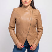 Women's Tan Asymmetric Zip Leather Biker Jacket — Shelley