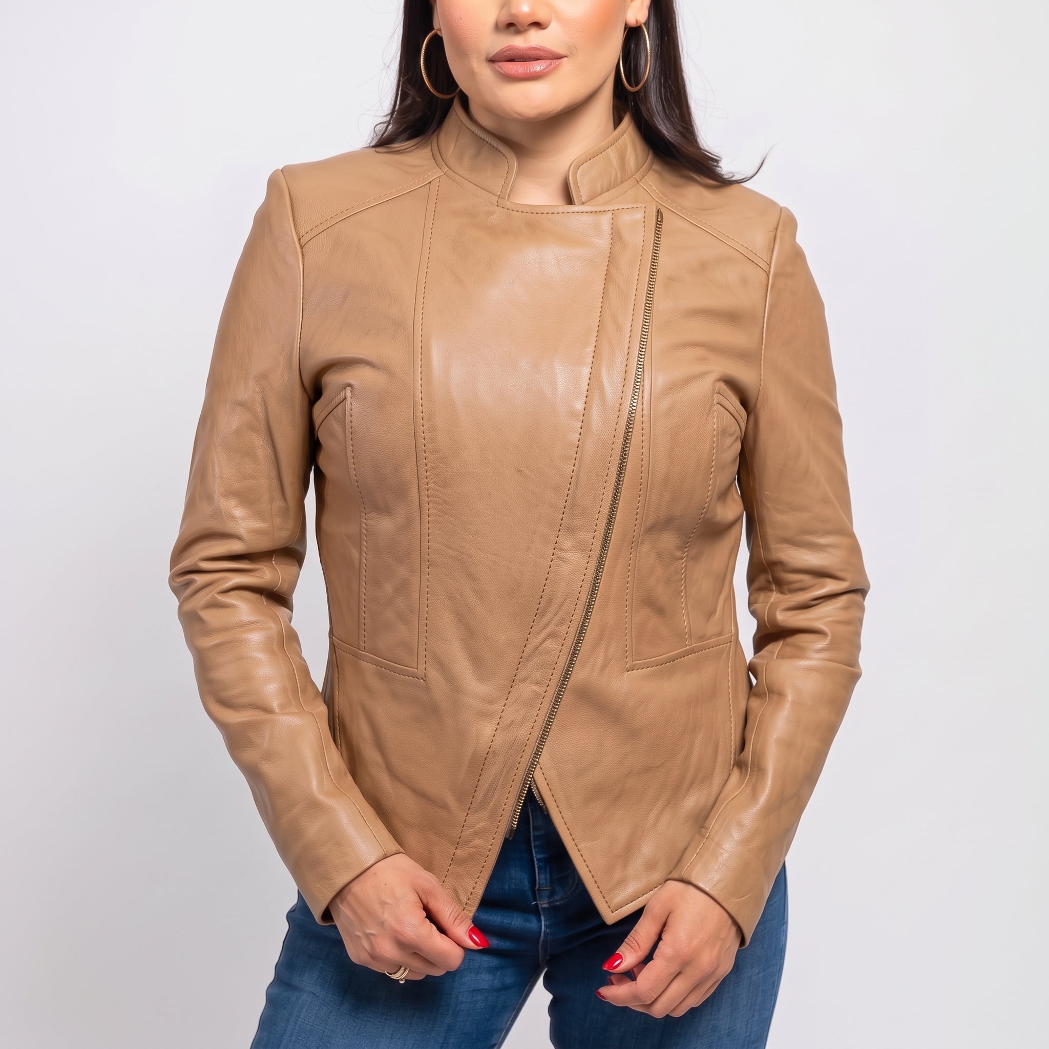 Women's Tan Asymmetric Zip Leather Biker Jacket — Shelley