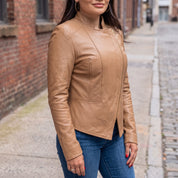 Women's Tan Asymmetric Zip Leather Biker Jacket — Shelley