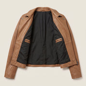 Women's Tan Asymmetric Zip Leather Biker Jacket — Yarmouth