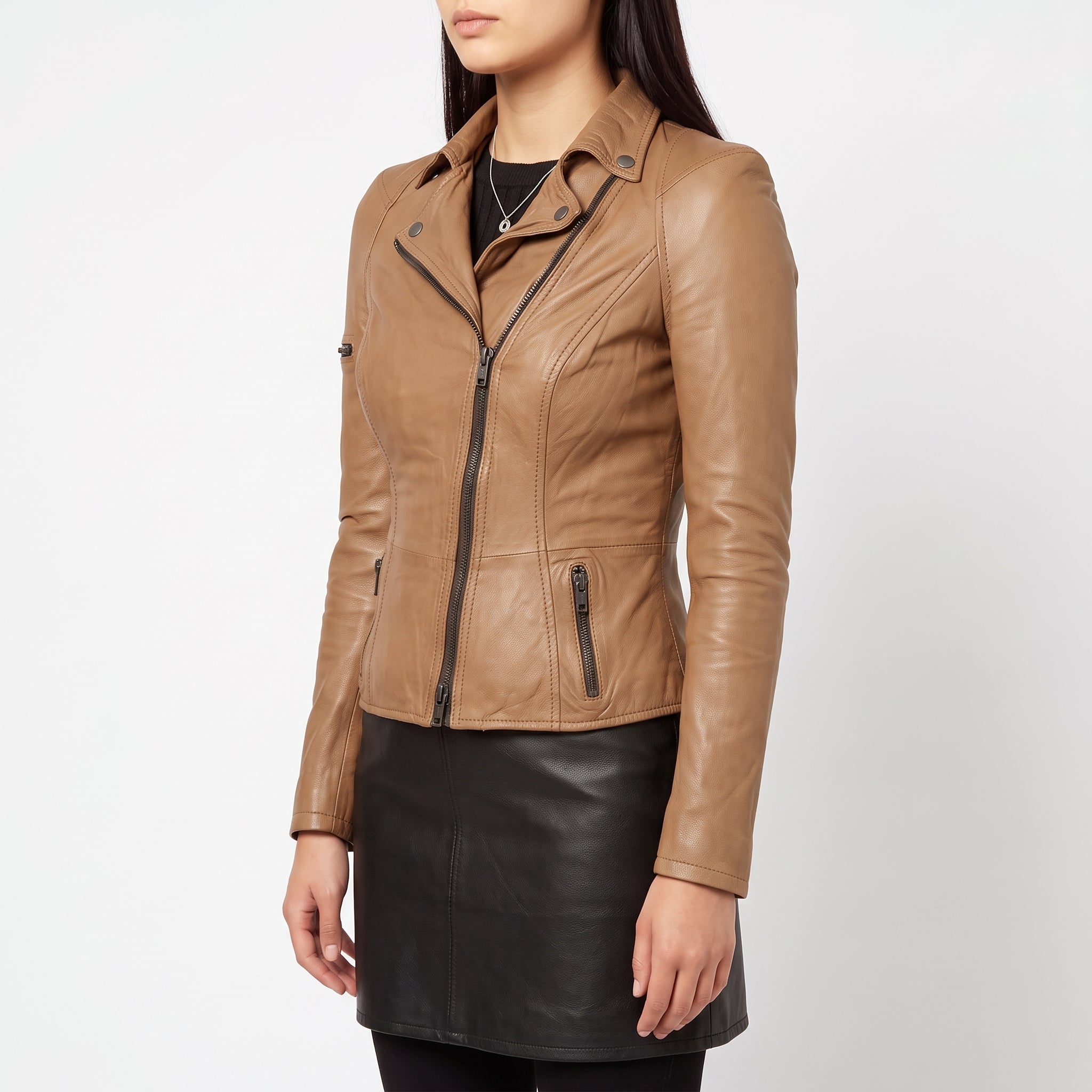Women's Tan Asymmetric Zip Leather Biker Jacket — Yarmouth