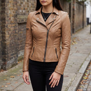 Women's Tan Asymmetric Zip Leather Biker Jacket — Yarmouth