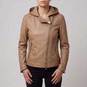 Women's Tan Asymmetrical Zip Leather Biker Jacket — Baunton
