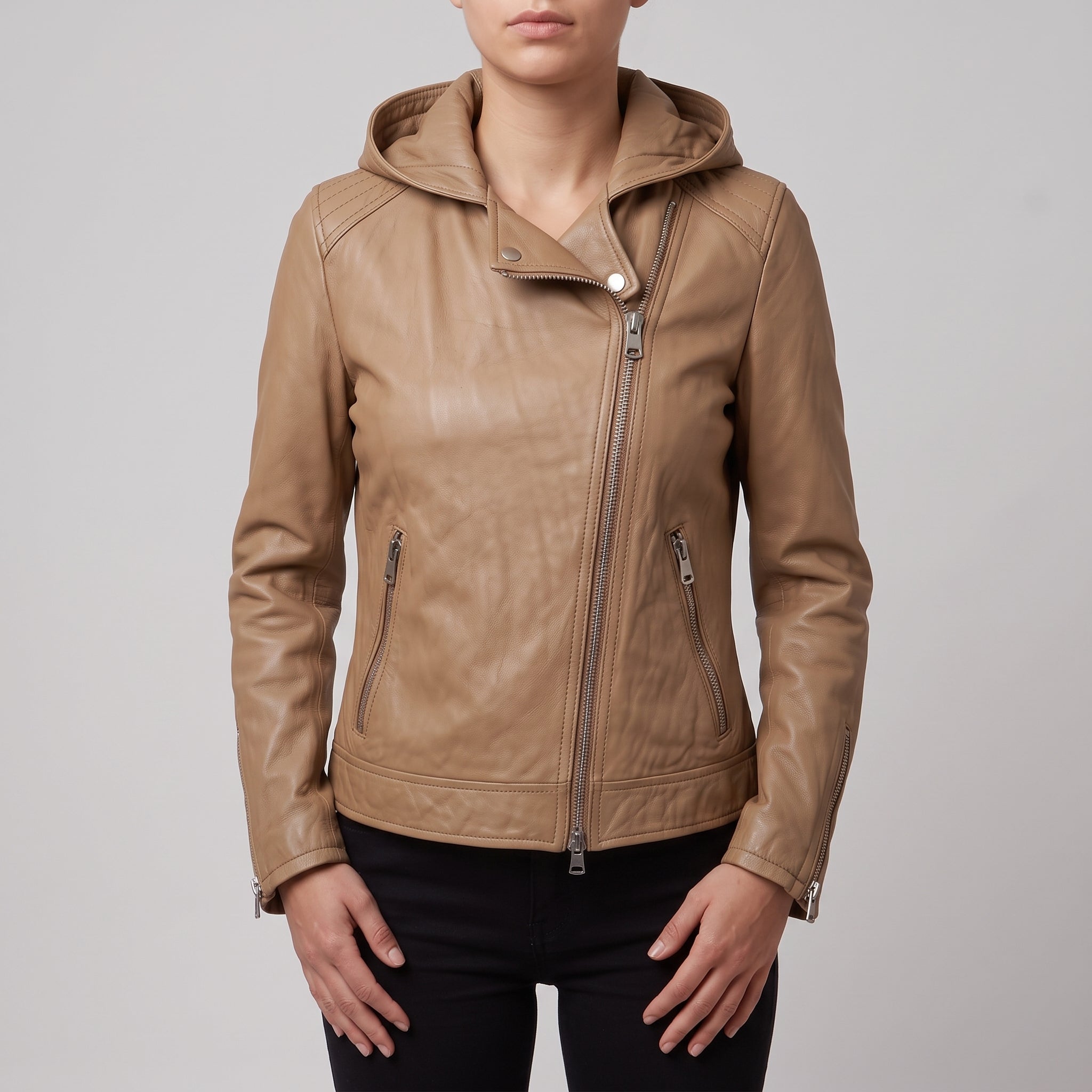 Women's Tan Asymmetrical Zip Leather Biker Jacket — Baunton