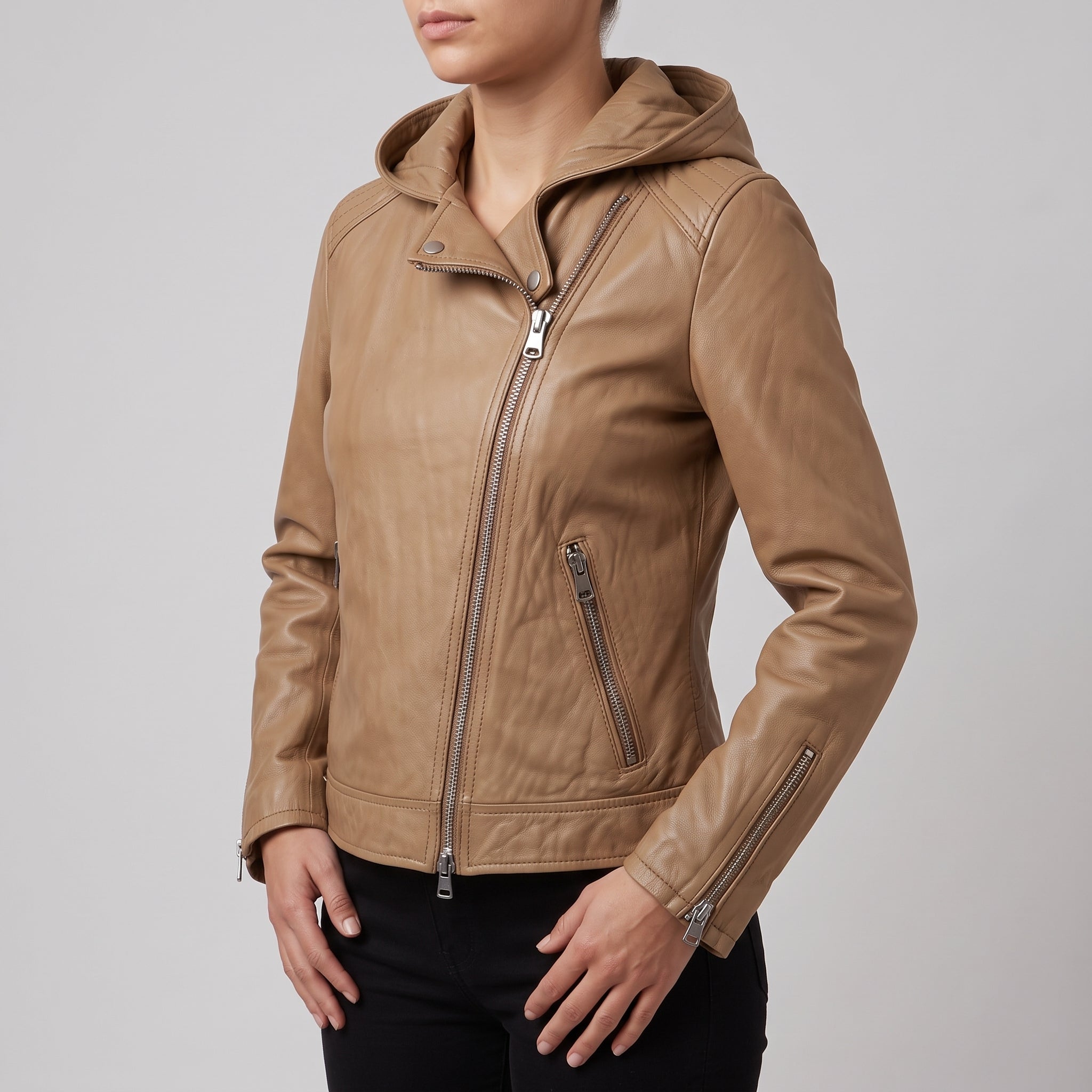 Women's Tan Asymmetrical Zip Leather Biker Jacket — Baunton
