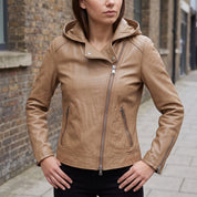 Women's Tan Asymmetrical Zip Leather Biker Jacket — Baunton
