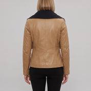 Women's Tan Asymmetrical Zip Leather Biker Jacket — Livingstone